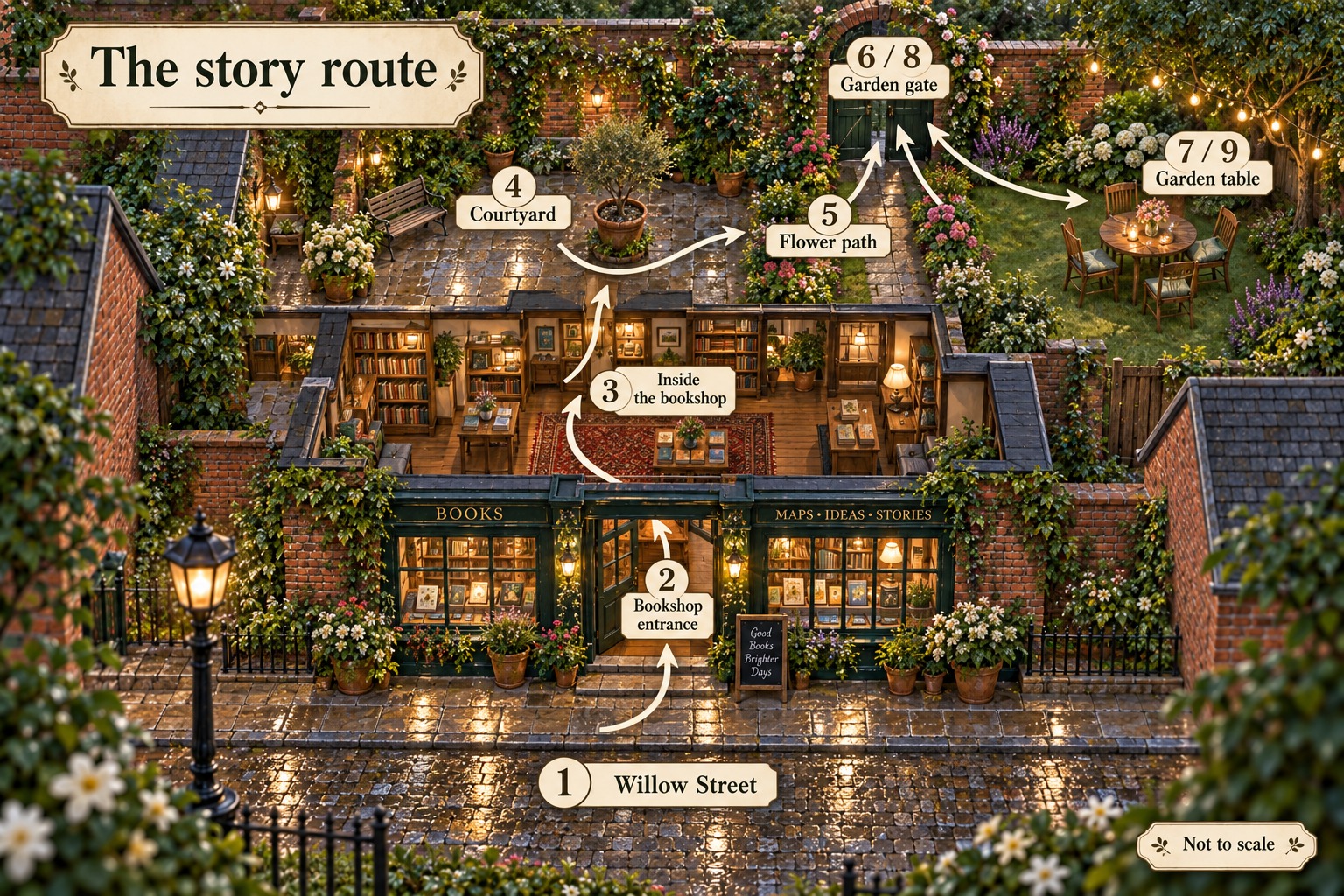 Geographic map of the journey from the bookshop door through the courtyard to the garden welcome party.